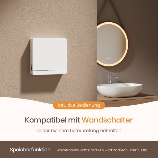 Aufputz Wandschalter neben einem beleuchteten Spiegel und einem Waschbecken im Badezimmer.
