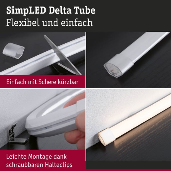 SimpLED Delta Tube Produktbild, das die flexible und einfache Handhabung sowie die einfache Kürzbarkeit mit einer Schere und die leichte Montage dank schraubbarer Halteclips zeigt.