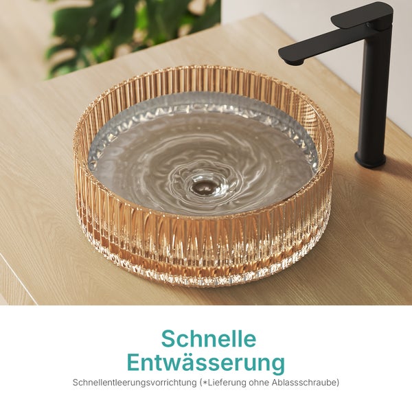 Aufsatzwaschbecken aus Glas mit Wasserhahn