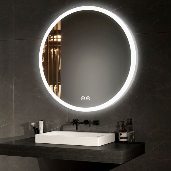 EMKE Badspiegel mit Beleuchtung Ø80 cm, rund, LED Wandspiegel, Touch-Schalter, dimmbar, Anti-Beschlag, 5 mm Glas, Memory, satiniert, rostfrei, für Badezimmer