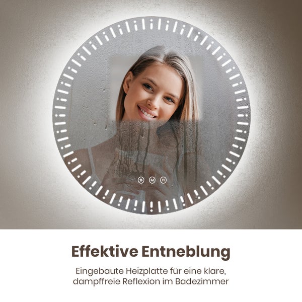 Runder Spiegel mit LED-Beleuchtung und Antibeschlagfunktion im Badezimmer