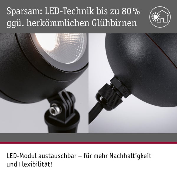 Nahaufnahme einer schwarzen LED Gartenleuchte mit Erdspieß
