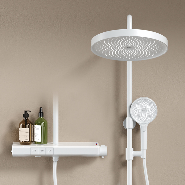 Aufnahme einer weißen Duscharmatur mit Kopfbrause und Handbrause