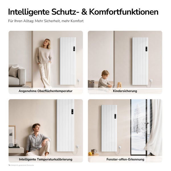 Infografik zeigt Funktionen von Elektroheizungen wie Kindersicherung, Temperaturkalibrierung, Oberflachentemperatur und Fenster offen Erkennung.