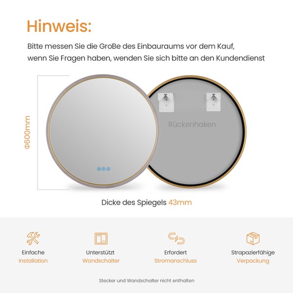 Runder Spiegel, Durchmesser 600 mm, Dicke 43 mm, mit Wandhalterung