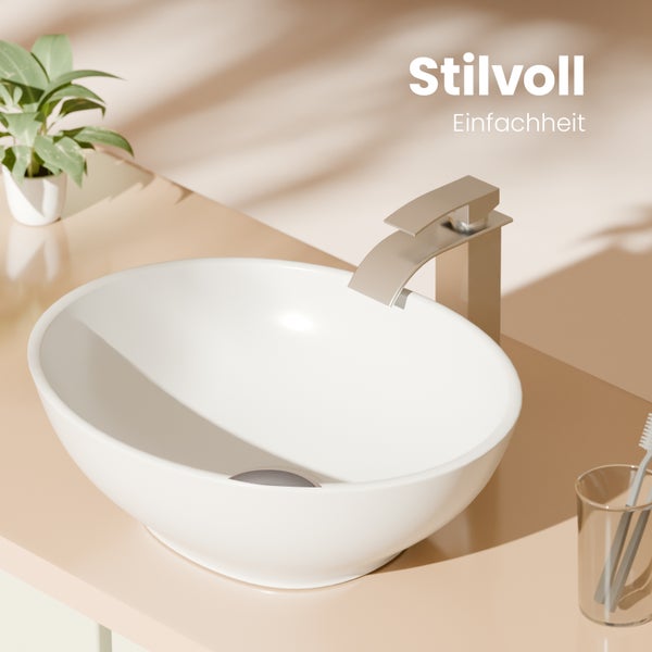 EMKE Aufsatzwaschbecken Ovales 415 x 335 mm, Keramik Waschbecken Weiß Glänzend, Höhe 130 mm, leicht zu reinigen, Waschschale für Bad und Gäste-WC