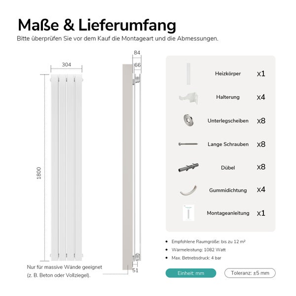 Maßzeichnung und Lieferumfang für einen Design Heizkörper mit 1800 mal 304 Millimeter inklusive Montagematerial und technischer Daten.