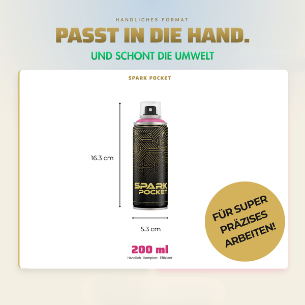 Spark Pocket Lackspraydose mit 200 Milliliter Inhalt, Höhe 16,3 Zentimeter, Durchmesser 5,3 Zentimeter, für präzise Sprüharbeiten.