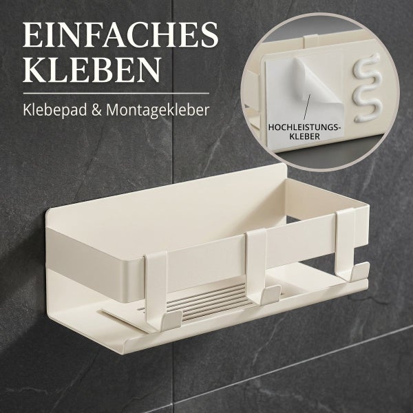 Duschablage zur Wandmontage mittels Klebepad und Montagekleber inklusive Haken für Badutensilien.