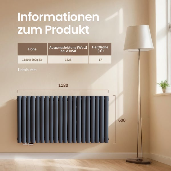 Informationen zum Produkt: Heizkörper mit den Maßen 1180 x 600 x 83 mm, Heizleistung 1828 Watt, Heizfläche 17 Quadratmeter.