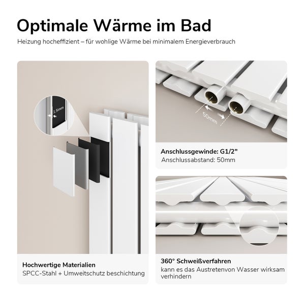 Detailansichten eines weißen Heizkörpers, die Materialstärke, Anschlussgewinde und Schweißverfahren zeigen.