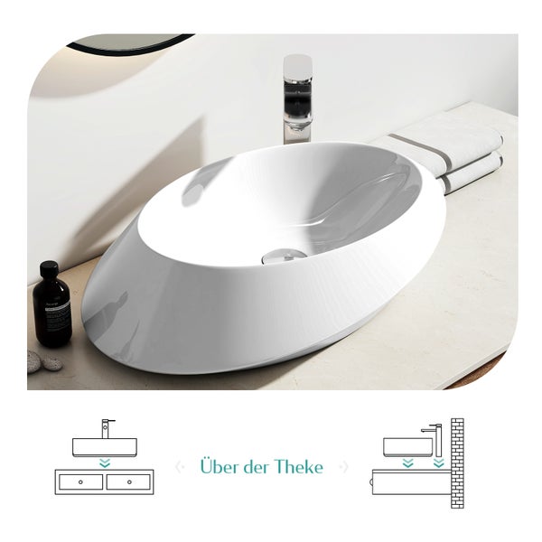 EMKE Aufsatzwaschbecken 600 × 450 mm, Ovales Design-Waschbecken, Keramik, asymmetrisch, glänzend Weiß, Handwaschbecken für Badezimmer, Höhe 145 mm