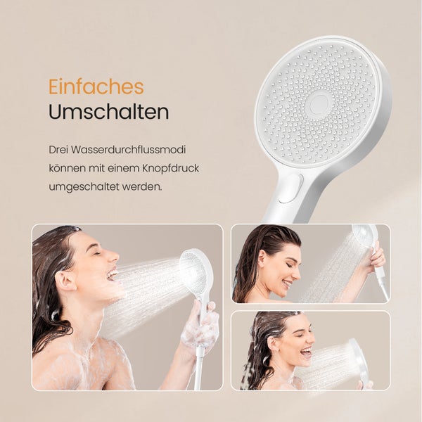 Brausekopf mit drei Wasserdurchflussmodi in Anwendung