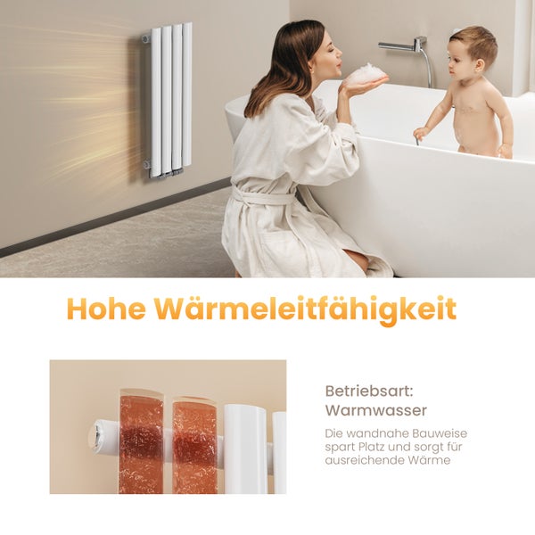 EMKE Badheizkörper 600×240 mm, Designheizkörper, Vertikal, Einzelrohr oval, 177W, Weiß, für Warmwasserbetrieb, für Bad, Zentralanschluss