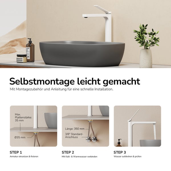 Installationsanleitung für eine Waschtischarmatur mit drei Schritten zur Montage auf einer Platte inklusive technischer Details und Anschlüsse.