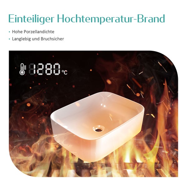 EMKE Aufsatzwaschbecken 705 × 380 mm, Rechteckiges Keramik Waschbecken, glänzend Weiß, ohne Hahnloch, R-Ecken-Design, Waschtisch für Badezimmer und Gäste-WC, modernes Design,  Höhe 150 mm