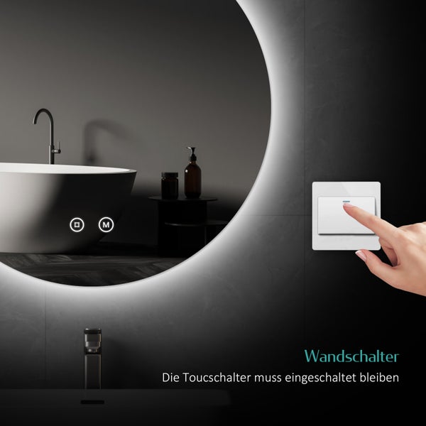 EMKE Badspiegel mit Beleuchtung ф70cm, LED-Spiegel mit Touchschalter, rund, Anti-Beschlag, Kaltweiß
