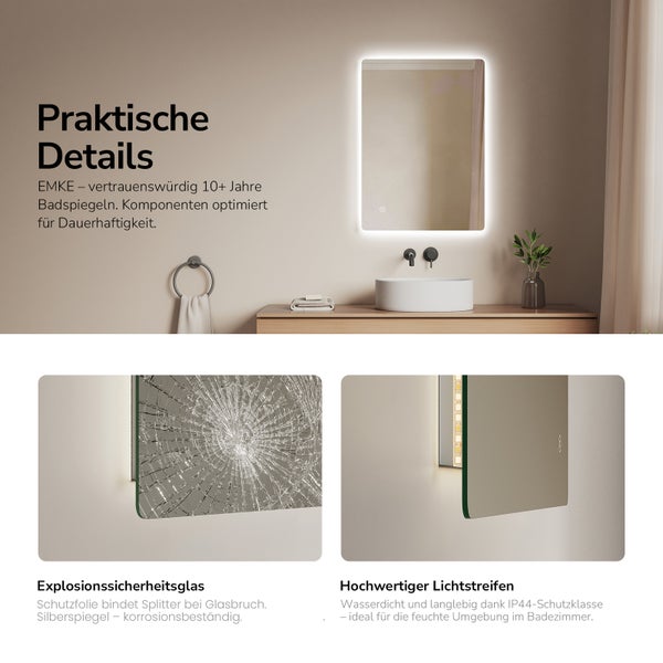 Beleuchteter EMKE Badezimmerspiegel mit LED, explosionssicherem Glas und IP44 Schutz gegen Spritzwasser für ein sicheres Badezimmerambiente.