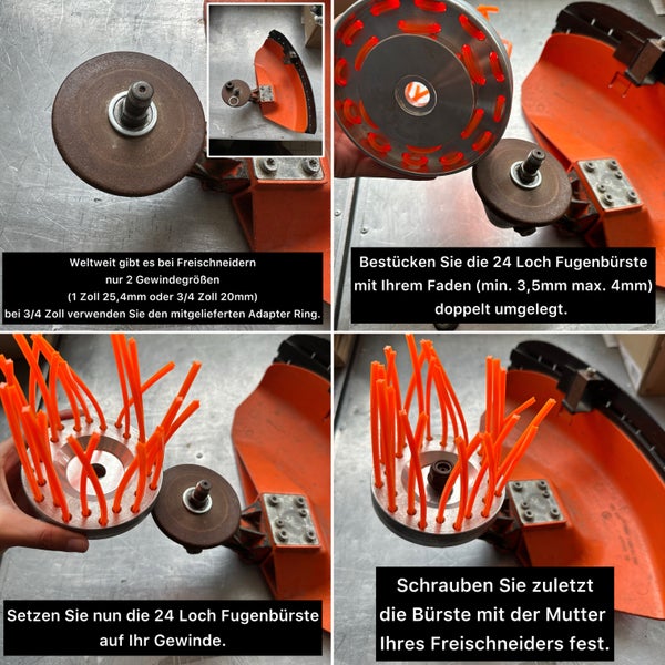 Detailansichten einer Fugenbürste für Rasentrimmer, die die Montage und Verwendung des Produkts zeigen.