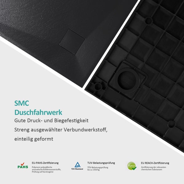 EMKE Duschwanne Viertelkreis 80x80 cm – Flache rutschfeste Duschtasse aus SMC, Schwarz, ohne Ablaufgarnitur, für Dusche