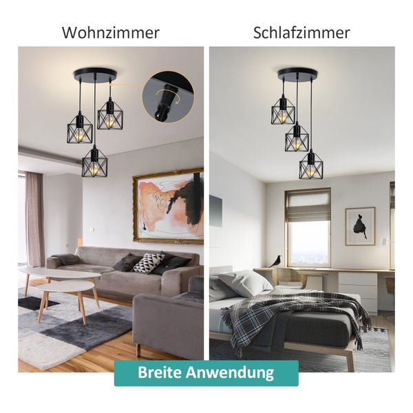 Anwendungsbeispiele einer Pendelleuchte mit drei Leuchten im Wohnzimmer und Schlafzimmer