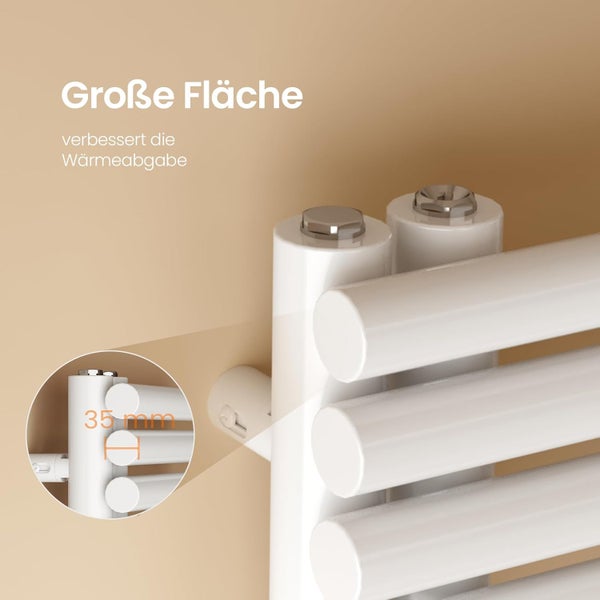 Detailansicht eines weißen Heizkörpers mit dem Hinweis 35 Millimeter