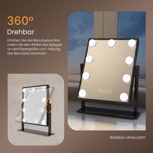 EMKE Hollywood Schminkspiegel mit Beleuchtung 30×41 cm, 12 dimmbare LEDs, 3 Lichtfarben, 360° drehbar, Speicherfunktion, Schwarz
