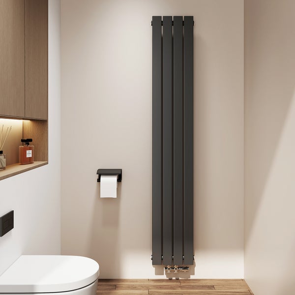 Badezimmer mit Heizkörper, Toilette und Toilettenpapierhalter