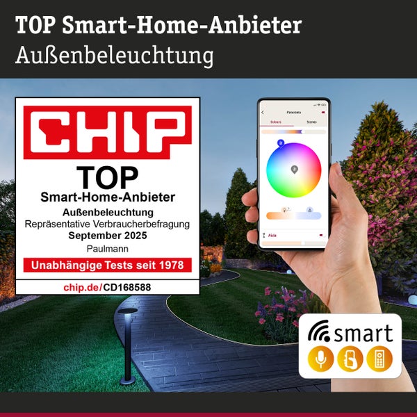 Intelligente Aussenbeleuchtung wird per Smartphone-App gesteuert. Chip Testsiegel. Paulmann Logo.