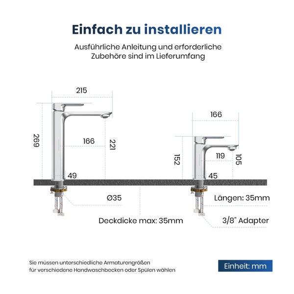EMKE Badezimmerarmatur, Waschtischmischer, Haushaltswasserhahn, Waschtischarmatur für Aufsatzwaschbecken, Kurz Waschtischarmatur Messing Mischbatterie, Chrom, L166 x H 152mm