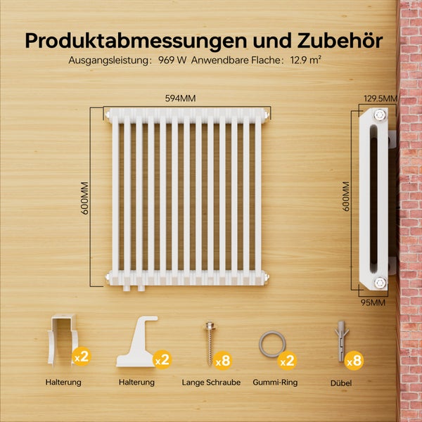 EMKE Designheizkörper 600 x 594 mm, D-Profil Badheizkörper, doppellagig, seitlicher Anschluss, 969 W Warmwasserleistung, Weiß, für Badezimmer