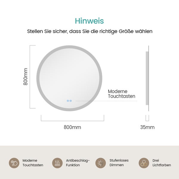 EMKE Badspiegel mit Beleuchtung Ø80 cm, rund, LED Wandspiegel, Touch-Schalter, dimmbar, Anti-Beschlag, 5 mm Glas, Memory, satiniert, rostfrei, für Badezimmer