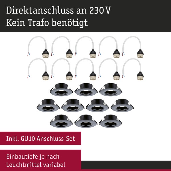 Einbauleuchte 10er-Set starr rund 90mm GU10 max. 10x10W 230V dimmbar Schwarz
