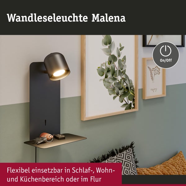 Wandlampe mit Ablagefläche und schwenkbarem Leselicht, montiert an einer farblich abgesetzten Wand