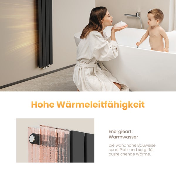 Wandheizkörper im Badezimmer mit Frau und Baby in der Badewanne