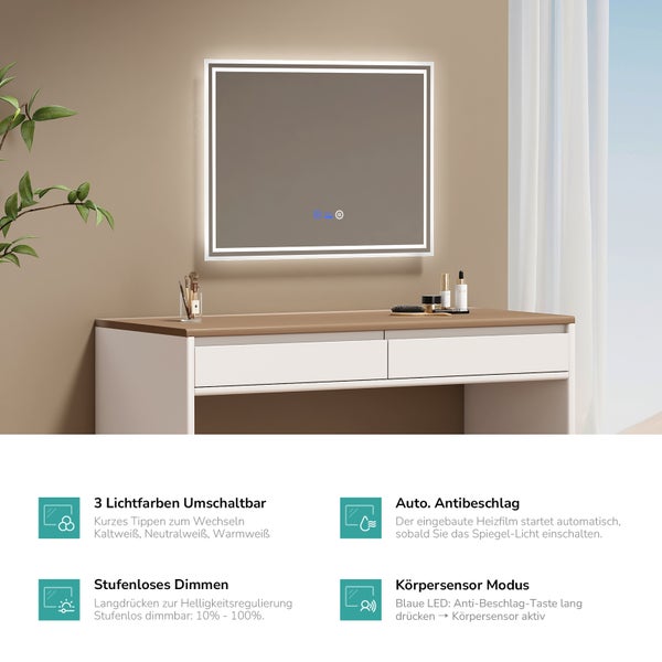 Rechteckiger LED Wandspiegel mit Touchsteuerung, dimmbar, mit einstellbarer Lichtfarbe und automatischer Anti Beschlag Heizfunktion.