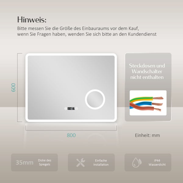 EMKE LED Badspiegel 800x600 mm, Kaltweiß, mit Anti-Beschlag-Funktion, Uhranzeige, 3-fache Vergrößerung, Speicherfunktion, IP44, für das Badezimmer geeignet