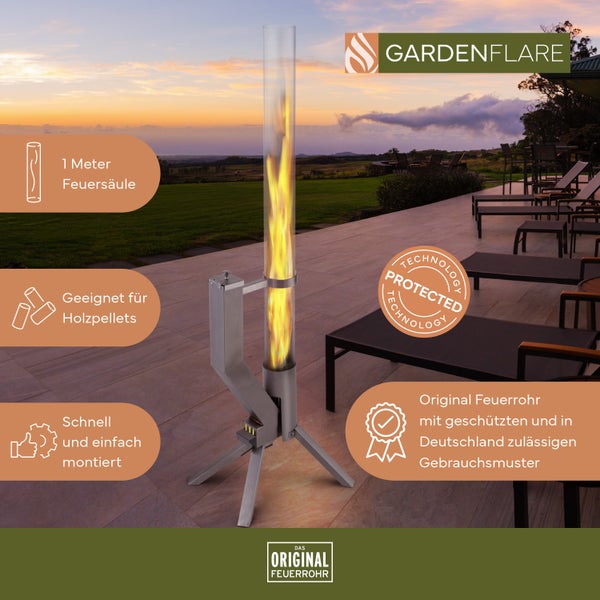 Gardenflare Edelstahl Feuersäule mit Feuerrohr und Pelletfackel für Tolles Ambiente-Feuer – Elegante Terrassenheizer und Gartenkamin die Alternative für deine Terrasse und Garten (silber)