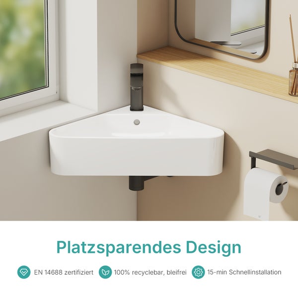 Eckwaschbecken mit Armatur und platzsparendem Design