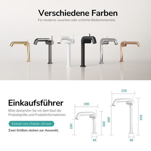 Verschiedene Badarmaturen mit Maßangaben für den Einkauf im Hornbach Onlineshop.