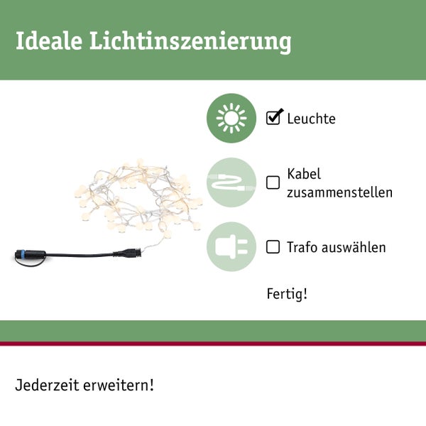 Illustration of ideal lighting effects for light strings: light, connect cable, select transformer, ready!