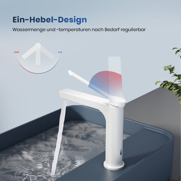 Weißer Waschtischmischer mit Einhebelbedienung und regulierbarer Wassertemperatur