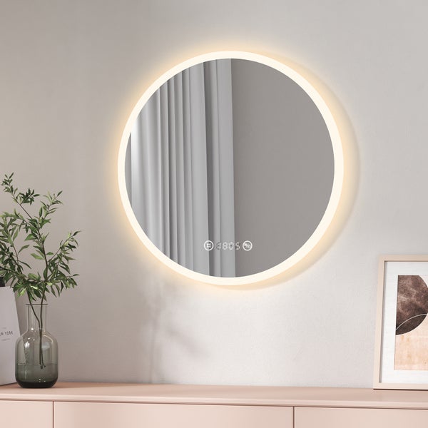 EMKE LED Badspiegel Ø60 cm, 4300K Neutralweiß, Antibeschlag, Touchschalter, dimmbar, Uhranzeige, mattierte Spiegelkante, IP44, horizontal montierbar, für Badezimmer