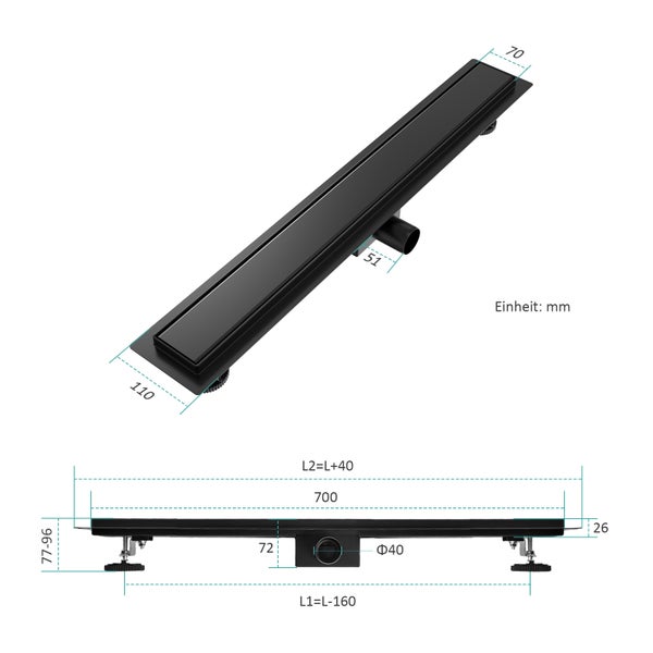 EMKE Duschrinne Edelstahl 2-in-1 Komplettse, 700mm, Befliesbar, Extra Flach, Schwarz mit Haarsieb und Siphon - Standardgröße Adapter 40/50mm, Einbauhöhe 77-96mm, Wasserdurchfluss 30L/Min.