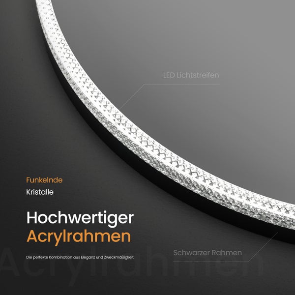 Detailaufnahme eines runden Spiegels mit LED Lichtstreifen, Acrylrahmen und funkelnden Kristallen