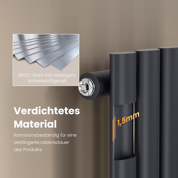 EMKE Badheizkörper 900×240 mm, Vertikal, Designheizkörper Anthrazit, Einzelrohr-Ovalprofil, 266 W, Warmwasser, Mittelanschluss, für Badezimmer