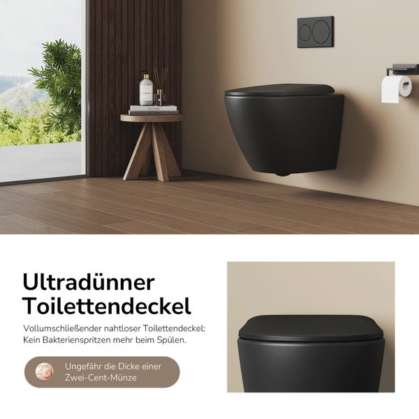 Wandhängendes WC mit Toilettenpapierhalter und Betätigungsplatte in einem Badezimmer