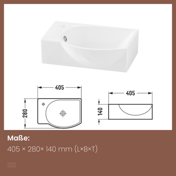EMKE Handwaschbecken 405 x 280 mm, asymmetrisch, Keramik, mit Hahnloch links, glänzend weiß, kompaktes Hängewaschbecken für Gäste-WC, Höhe 140 mm, zur Wandmontage