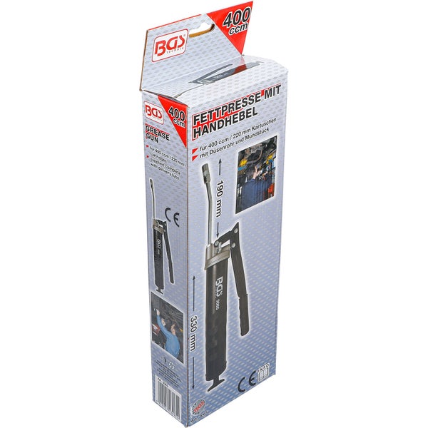 BGS technic Handhebel Fettpresse mit 400 Kubikzentimeter Kapazität in der Produktverpackung