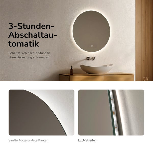 Runder Badezimmerspiegel mit LED Beleuchtung, abgerundeten Kanten und automatischer Abschaltung nach drei Stunden Betrieb im modernen Badezimmer.